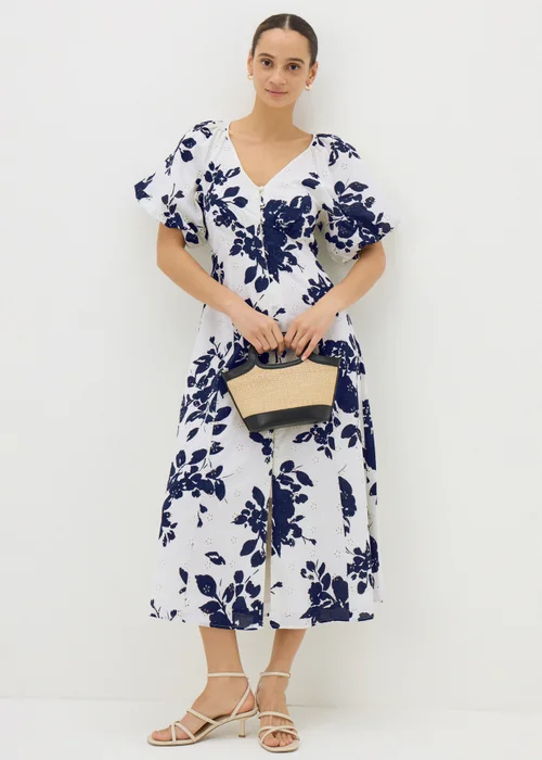 Navy Floral Broderie Anglaise Midi Tea Dress - 8 Image 1