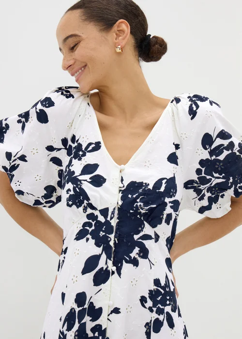 Navy Floral Broderie Anglaise Midi Tea Dress - 8 Image 3