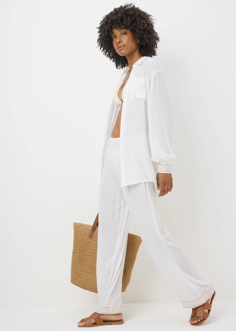 Cream Sparkle Embroidered Trousers - S Image 2