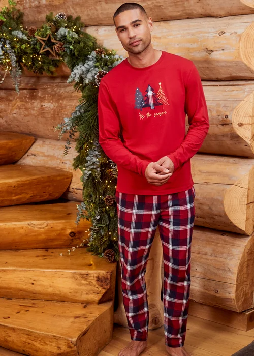 Threadbare Red Cotton Long Sleeve Christmas Check Pyjama Set - Small Image 1
