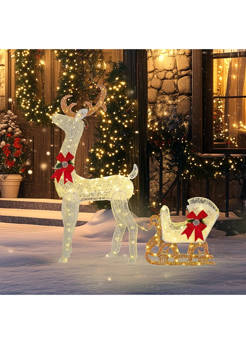 Outsunny White Light Up Reindeer & Sleigh Christmas Decoration 170 LED Lights - One Size Image 2