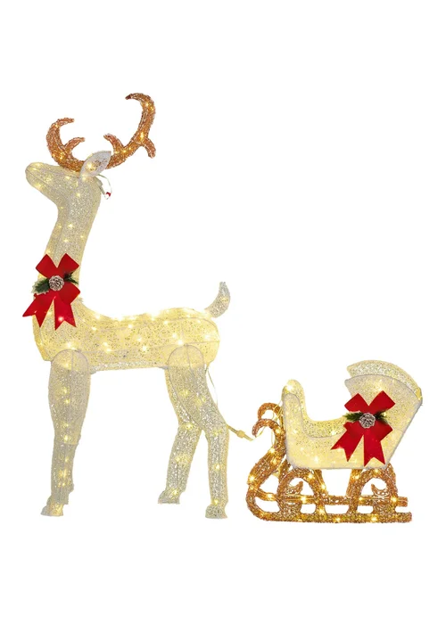 Outsunny White Light Up Reindeer & Sleigh Christmas Decoration 170 LED Lights - One Size Image 1