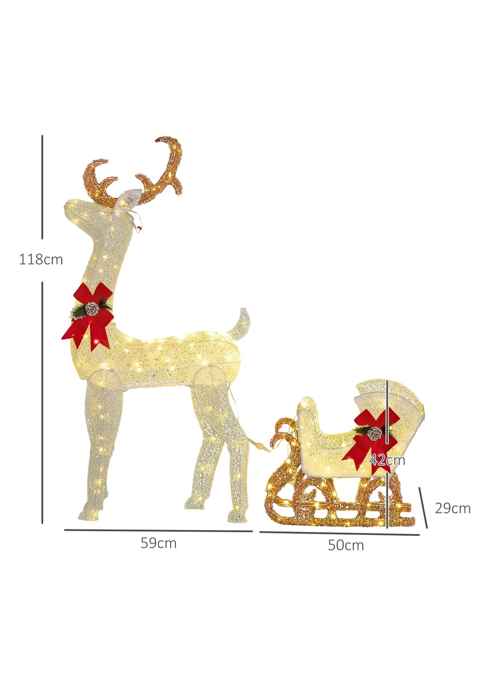 Outsunny White Light Up Reindeer & Sleigh Christmas Decoration 170 LED Lights - One Size Image 3