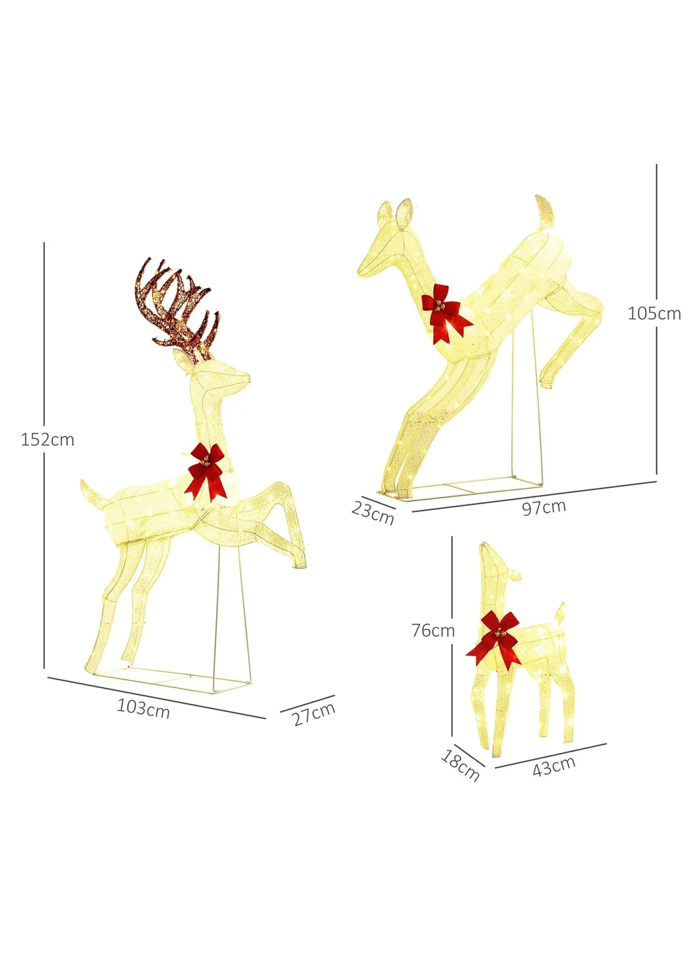 Outsunny White Christmas Reindeer Family Decoration Light 300 LED 3-Piece - One Size Image 3
