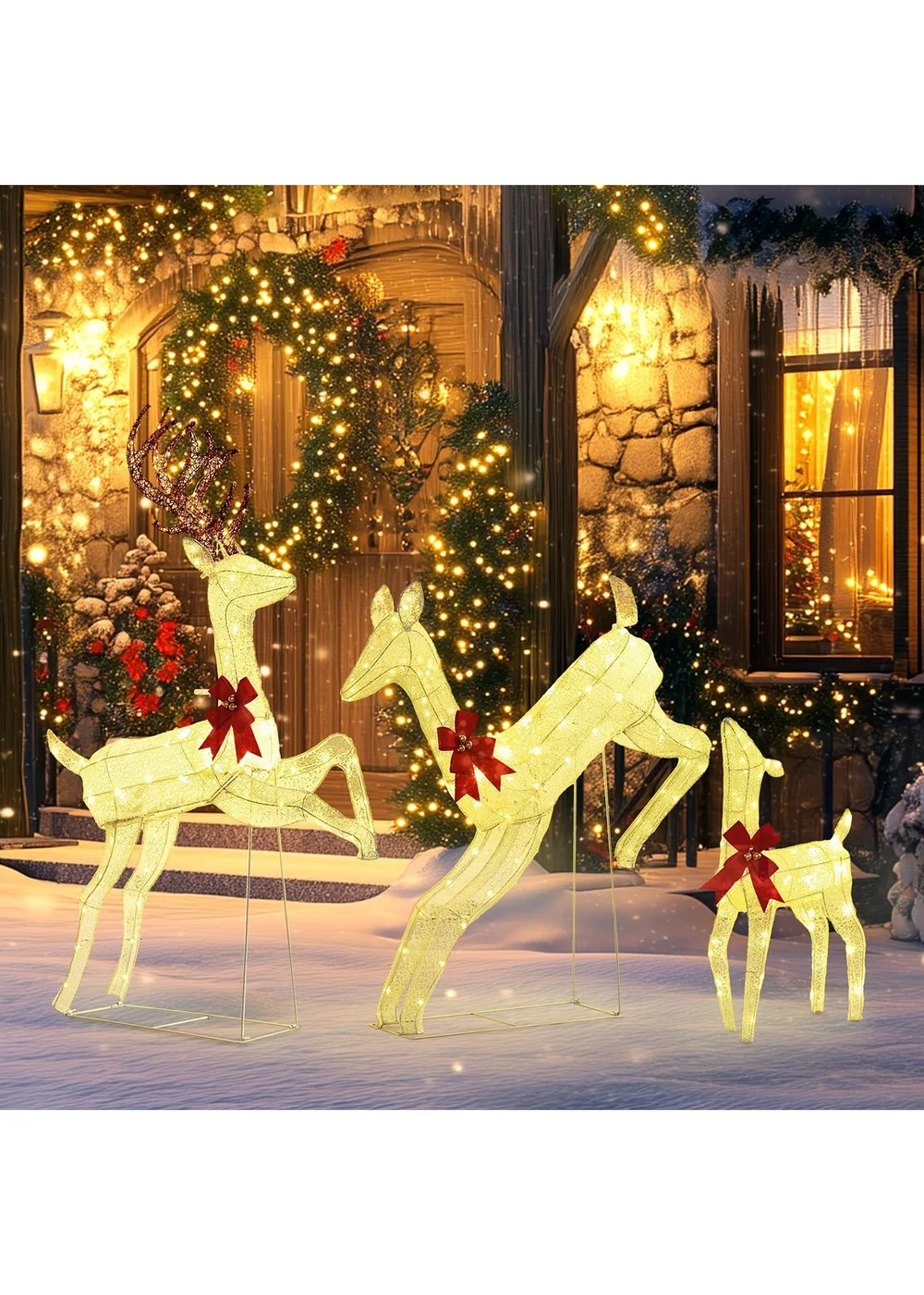 Outsunny White Christmas Reindeer Family Decoration Light 300 LED 3-Piece - One Size Image 2