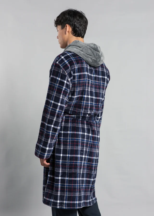 Tokyo Laundry Navy Hooded Check Dressing Gown