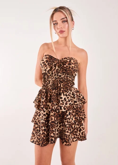 Pink Vanilla Brown Leopard Print Ruffle Bandeau Dress - One Size Image 1