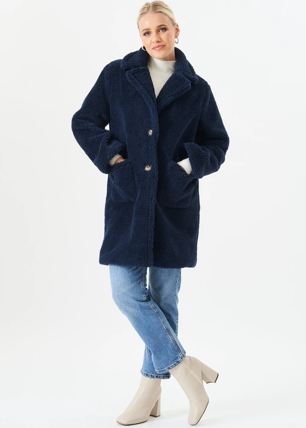 Gini London Blue Faux Fur Longline Teddy Overcoat - S/M Image 1