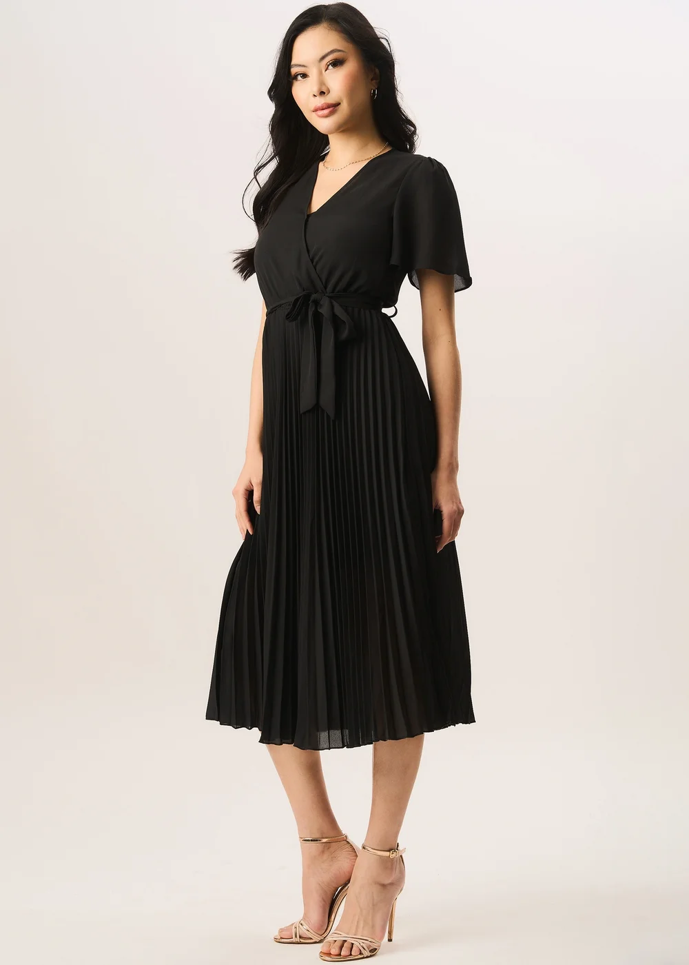 Gini London Black Angel Sleeves Pleated Midi Wrap Dress - Size 8 Image 4