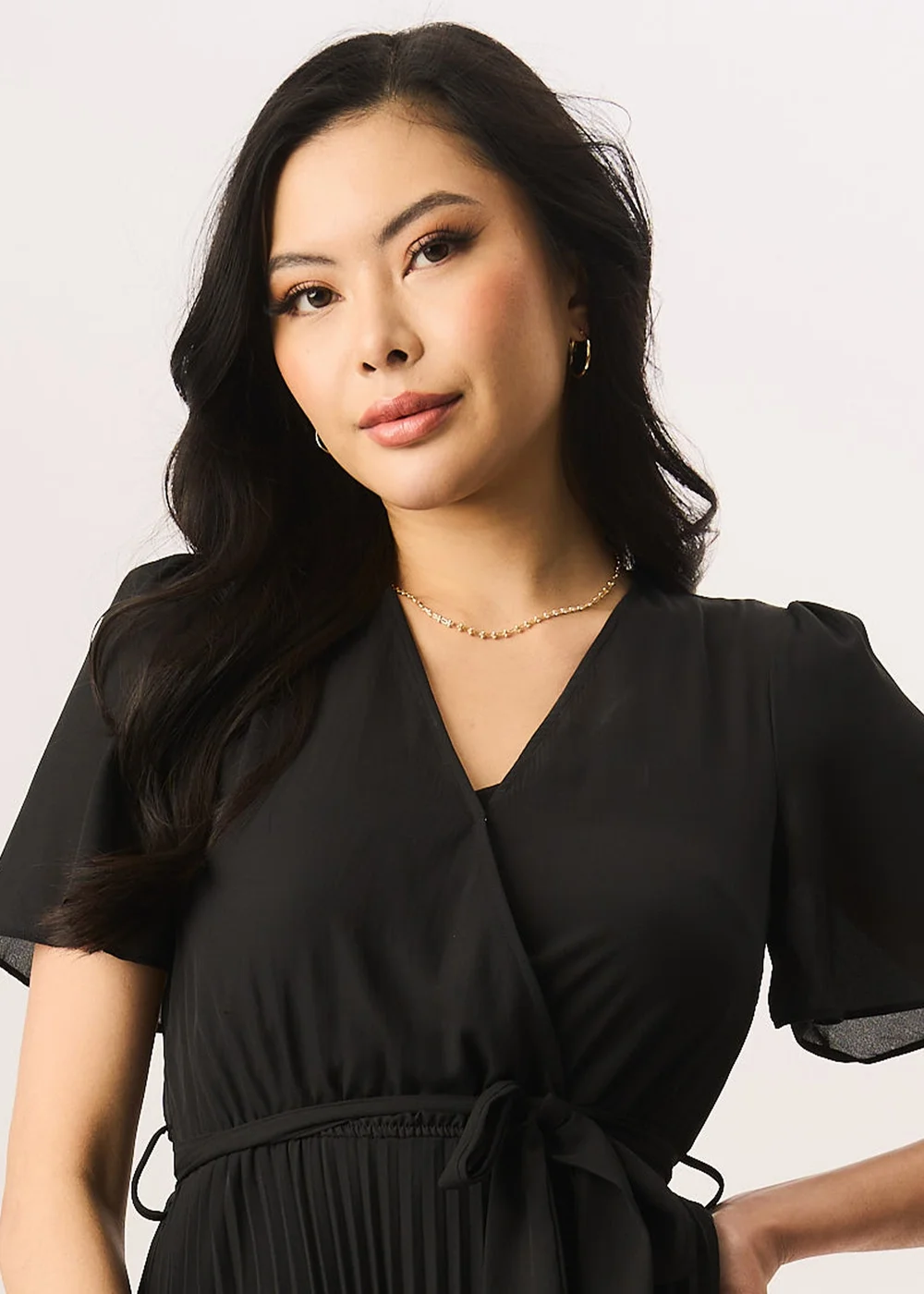 Gini London Black Angel Sleeves Pleated Midi Wrap Dress - Size 8 Image 3