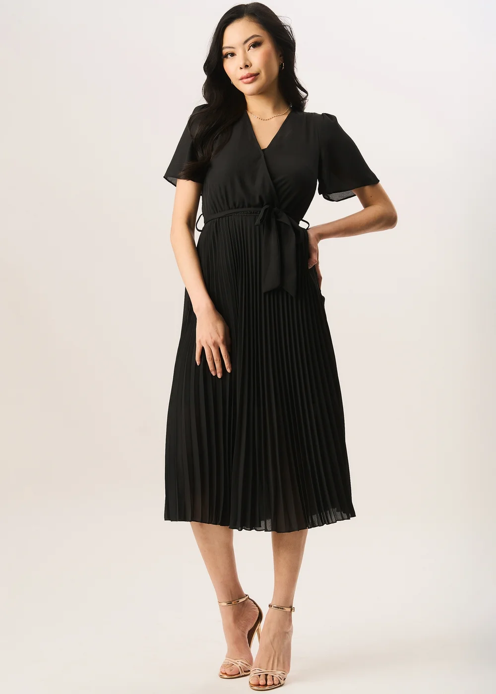 Gini London Black Angel Sleeves Pleated Midi Wrap Dress - Size 8 Image 1