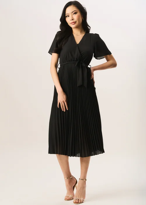 Gini London Black Angel Sleeves Pleated Midi Wrap Dress - Size 8 Image 1