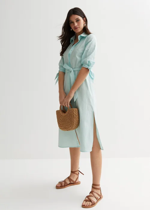 Gini London Blue Linen Tie Sleeves Midi Shirt Dress - Size 8 Image 4