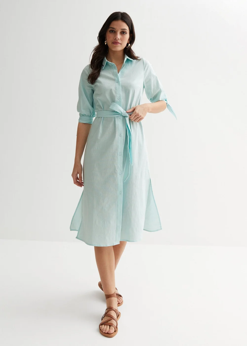 Gini London Blue Linen Tie Sleeves Midi Shirt Dress - Size 8 Image 1
