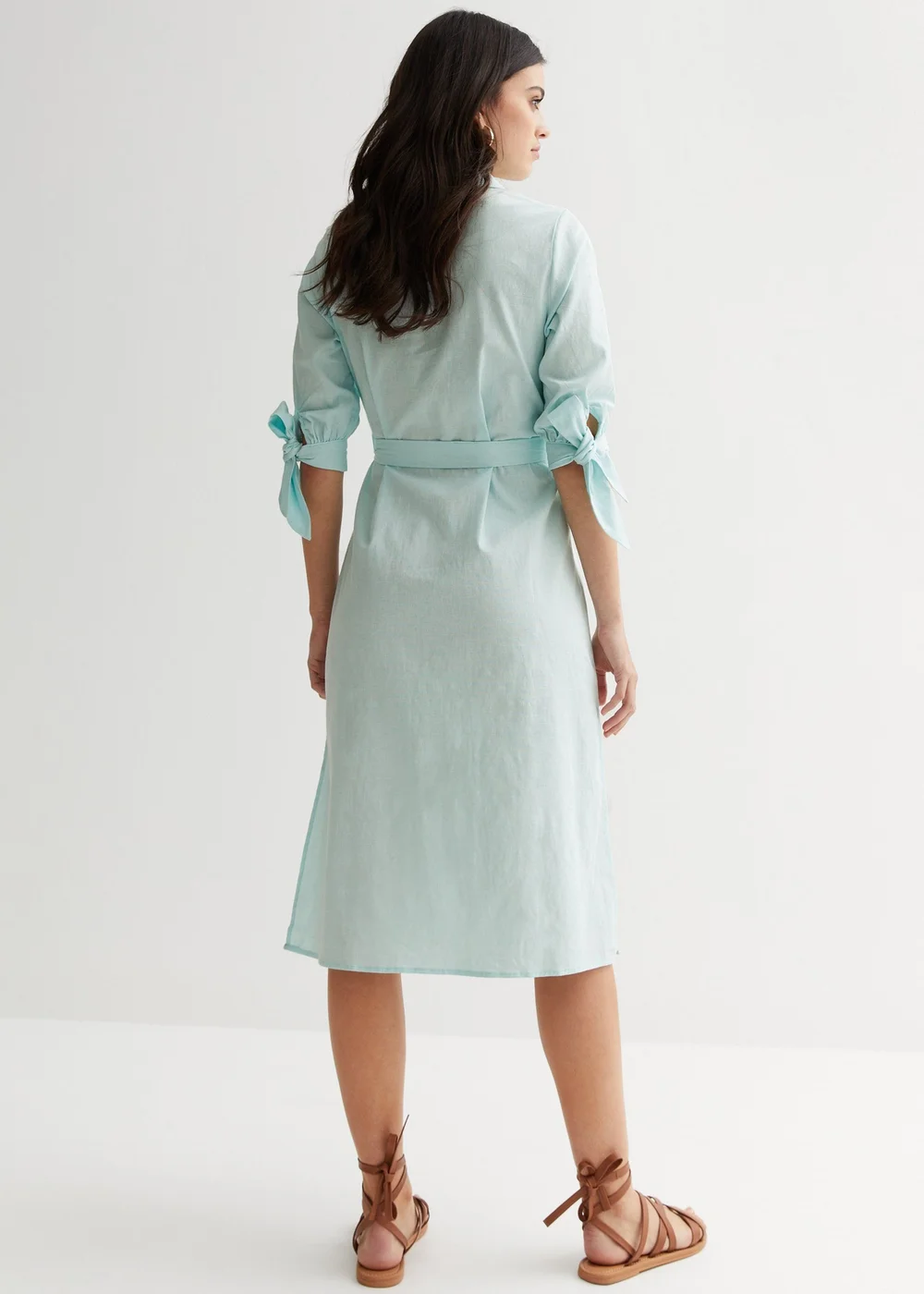 Gini London Blue Linen Tie Sleeves Midi Shirt Dress - Size 8 Image 2