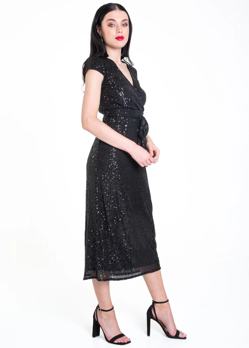 Gini London Black Sequin Belted Midi Wrap Dress - Size 8 Image 4