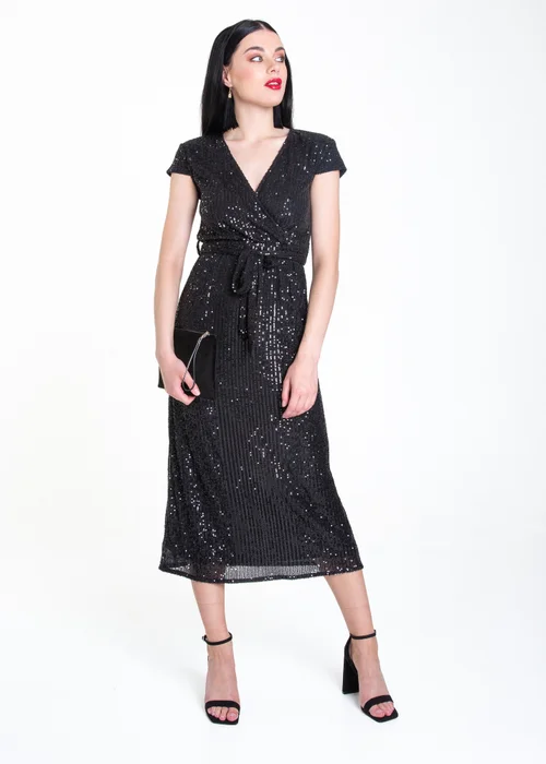 Gini London Black Sequin Belted Midi Wrap Dress - Size 8 Image 1