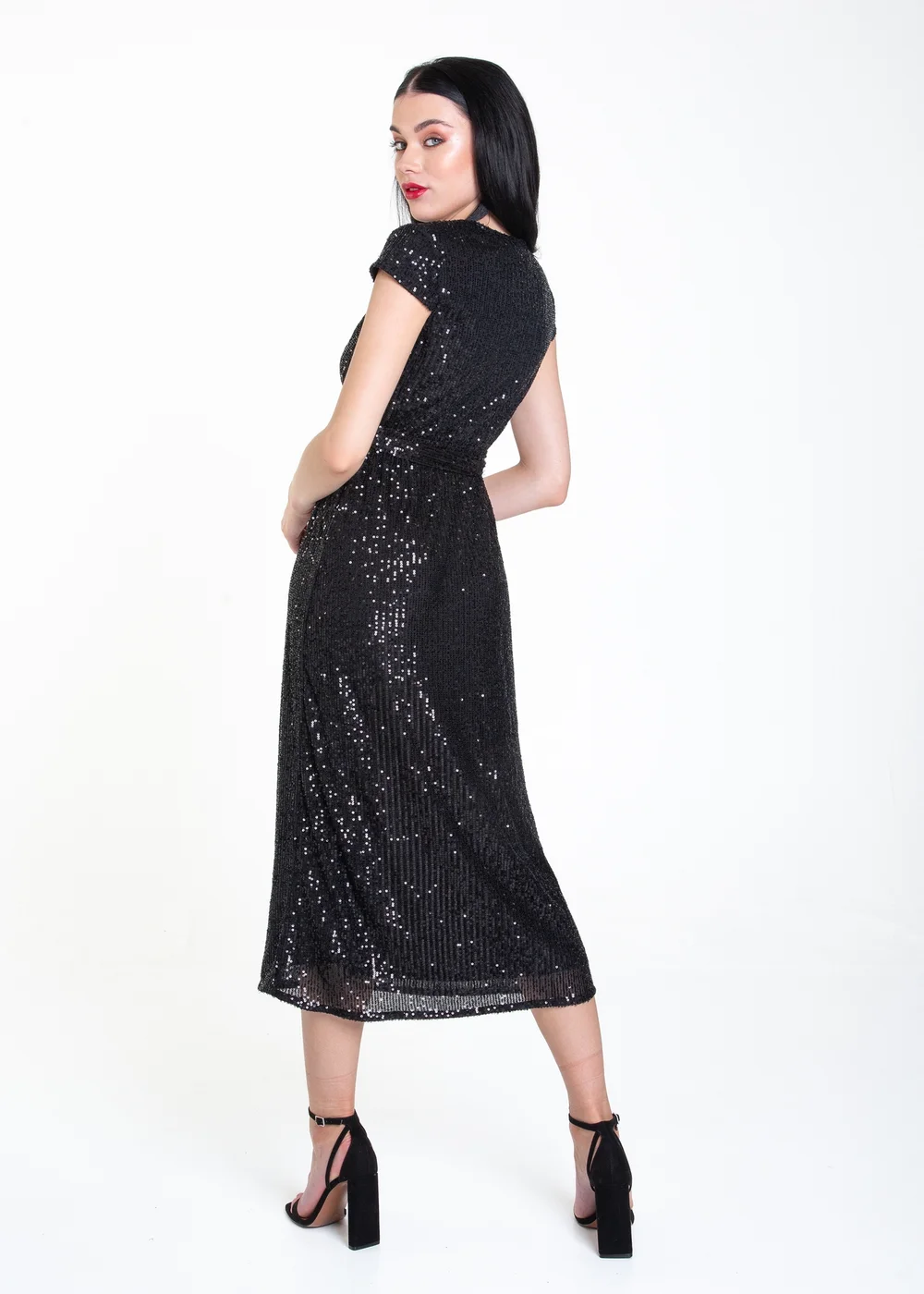 Gini London Black Sequin Belted Midi Wrap Dress - Size 8 Image 2