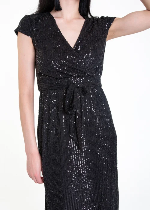 Gini London Black Sequin Belted Midi Wrap Dress - Size 8 Image 3