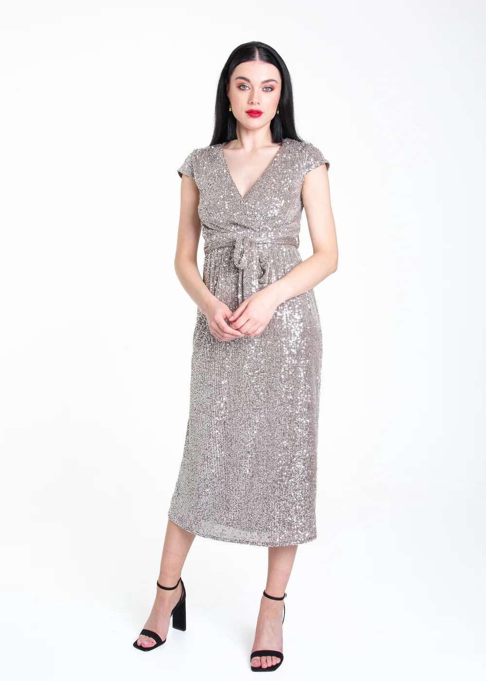 Gini London Gun Metal Sequin Belted Midi Wrap Dress - Size 8 Image 1