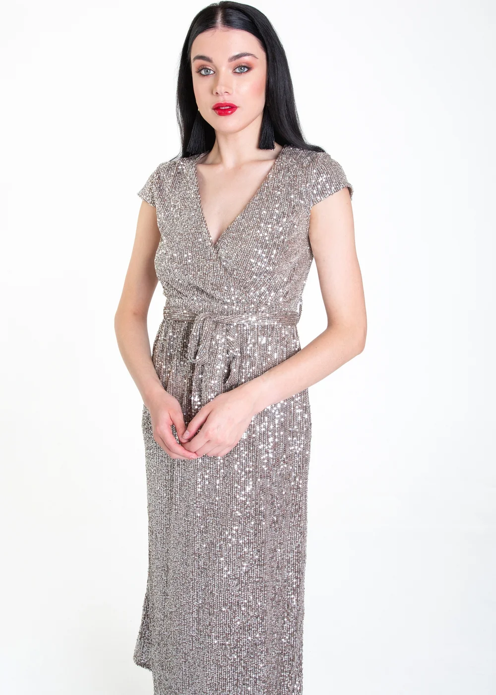 Gini London Gun Metal Sequin Belted Midi Wrap Dress - Size 8 Image 4