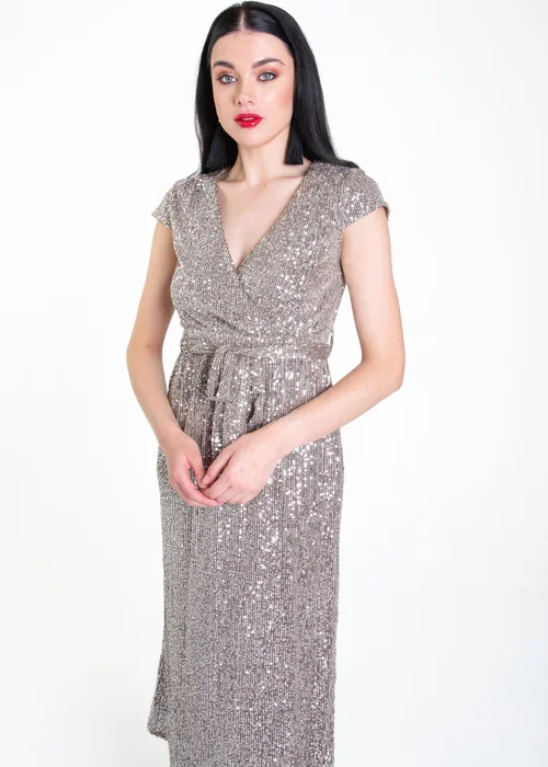 Gini London Gun Metal Sequin Belted Midi Wrap Dress - Size 8 Image 4