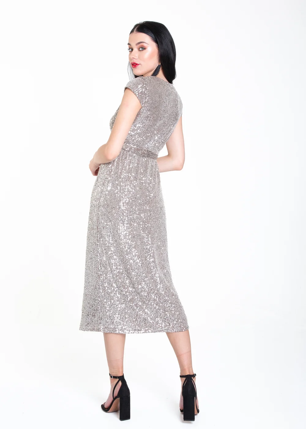 Gini London Gun Metal Sequin Belted Midi Wrap Dress - Size 8 Image 2