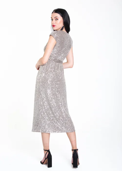 Gini London Gun Metal Sequin Belted Midi Wrap Dress - Size 8 Image 2