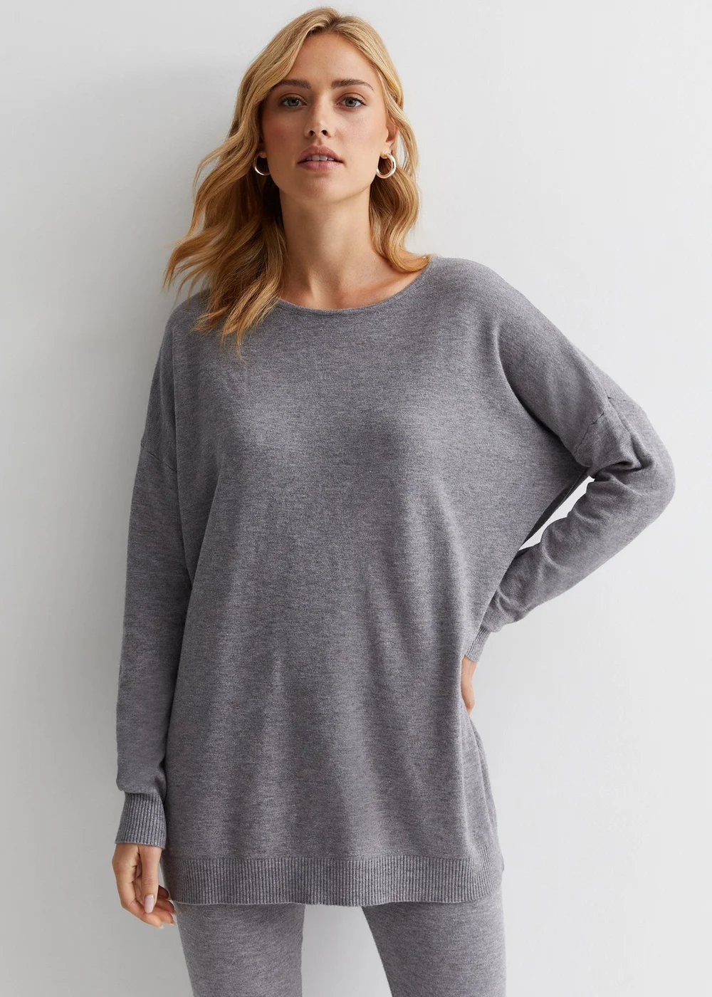 Gini London Grey Brushed Cotton Crew Neck Oversized Top - Small/Medium Image 1