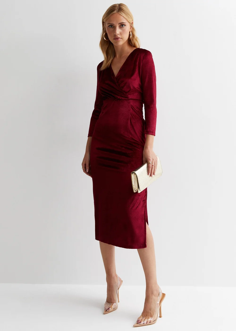 Gini London Burgundy Velvet Wrap Top Skater Midi Dress - Size 8 Image 4