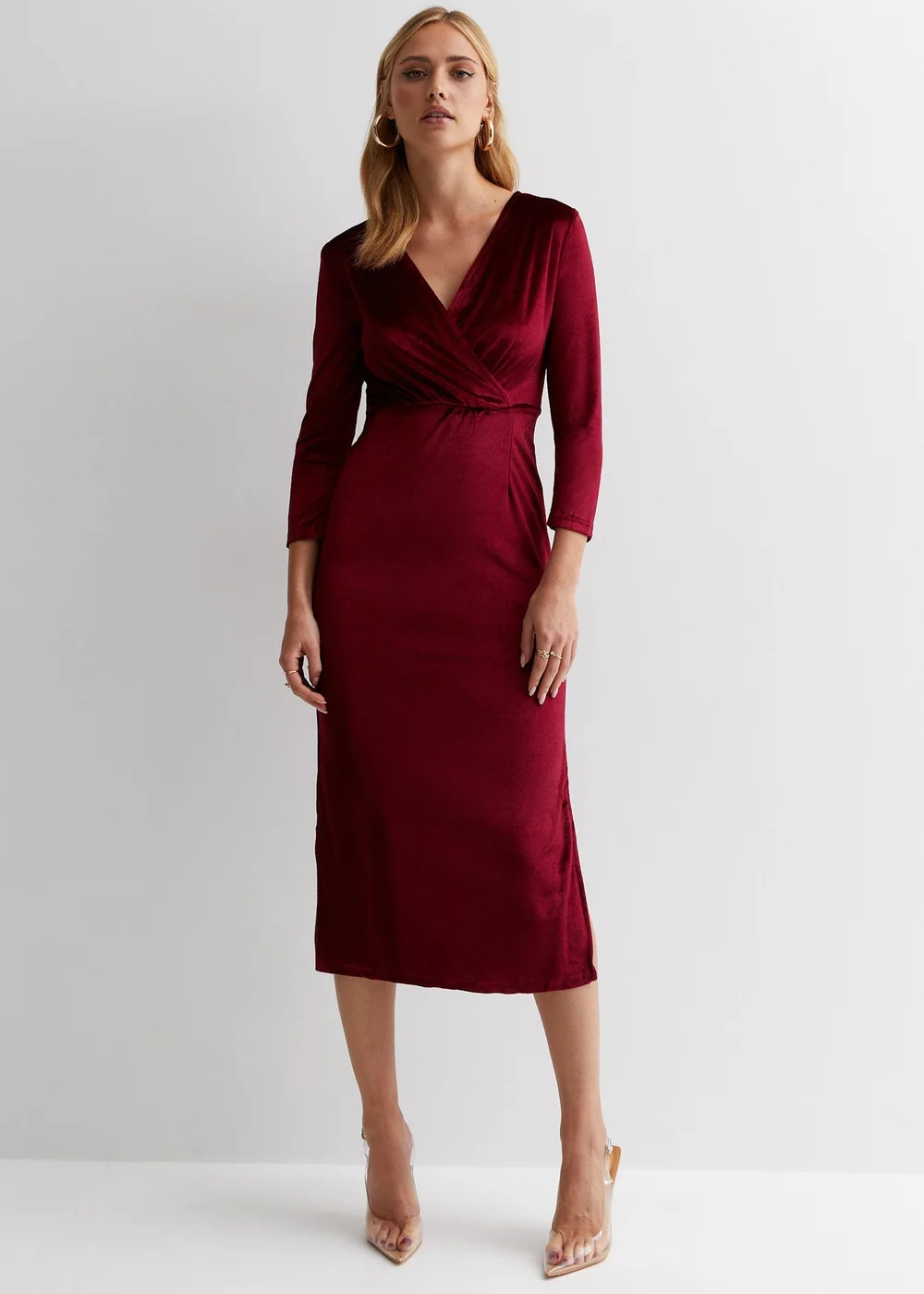 Gini London Burgundy Velvet Wrap Top Skater Midi Dress - Size 16 Gini London Burgundy Velvet Wrap Top Skater Midi Dress - Size 16