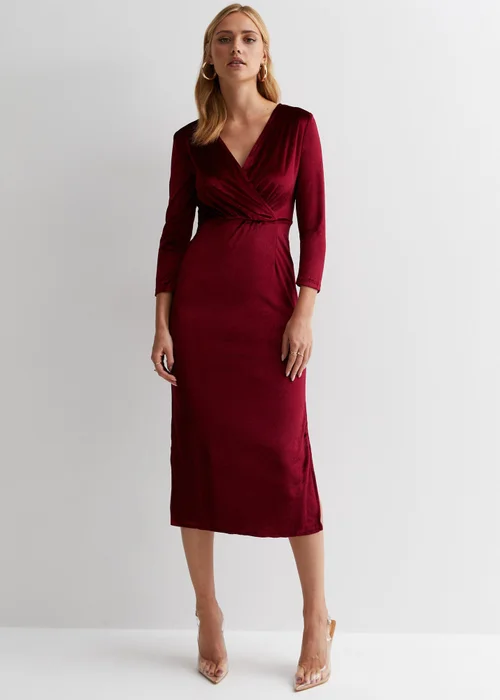 Gini London Burgundy Velvet Wrap Top Skater Midi Dress - Size 8 Image 1