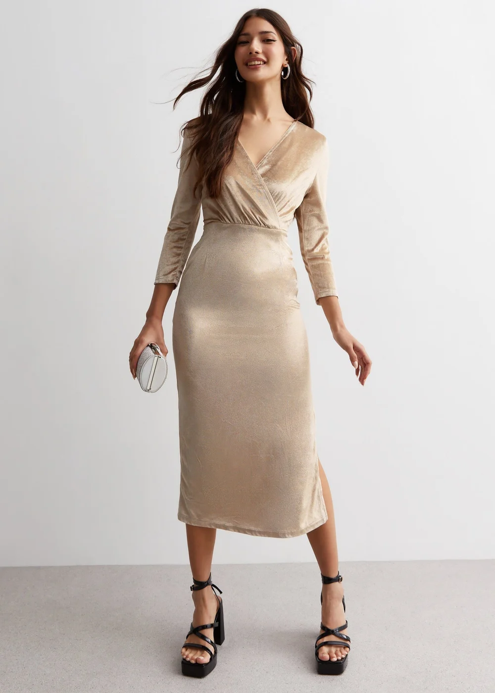 Gini London Champagne Velvet Wrap Top Skater Midi Dress - 16 | Matalan Gini London Champagne Velvet Wrap Top Skater Midi Dress - 16 | Matalan