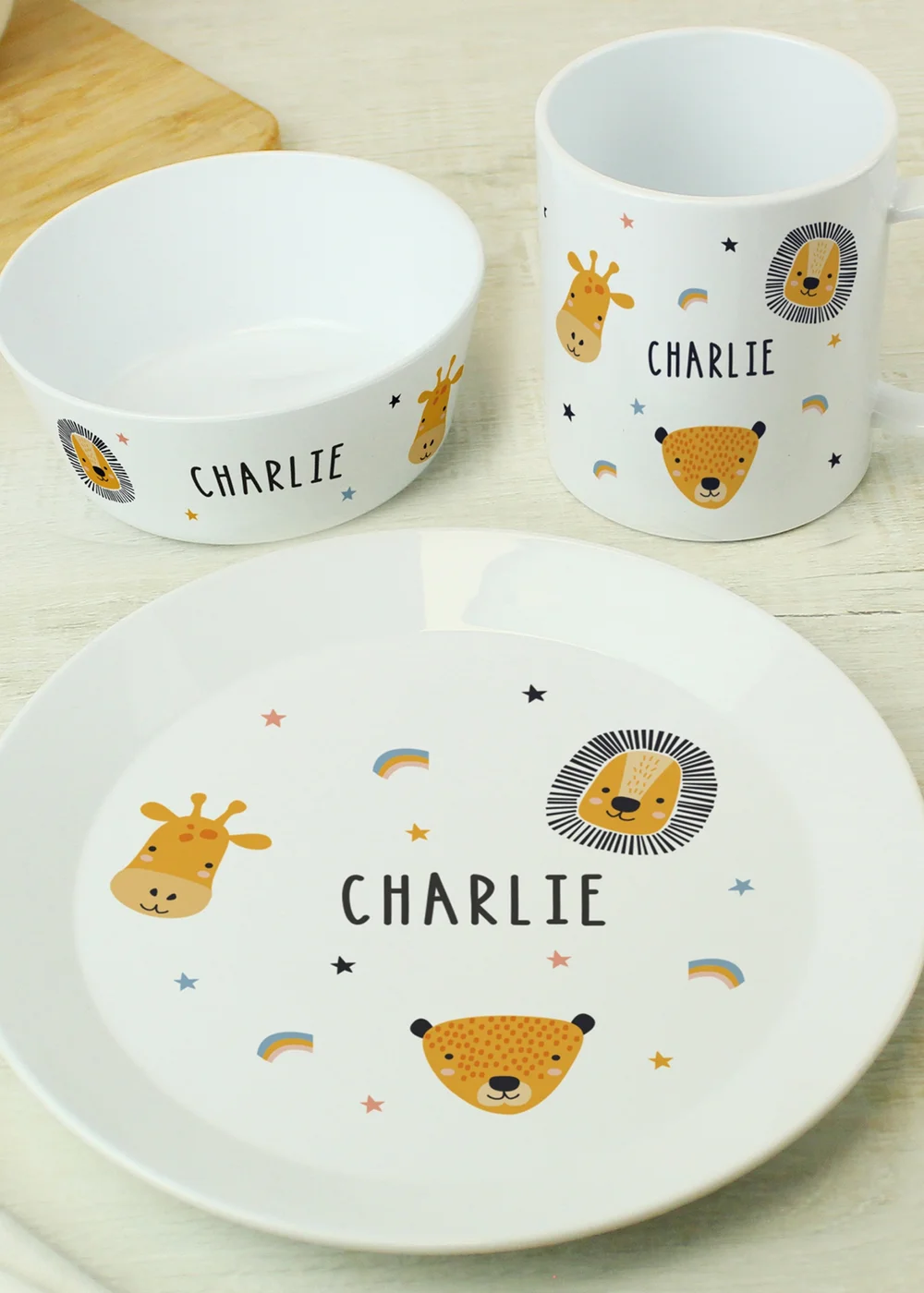 Personalised Memento Company Safari Animals Plastic White Childrens Breakfast Set - One Size Image 1