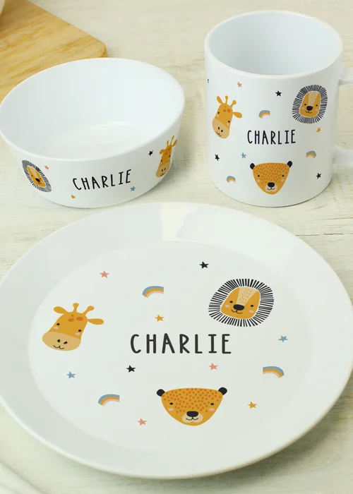 Personalised Memento Company Safari Animals Plastic White Childrens Breakfast Set - One Size Image 1