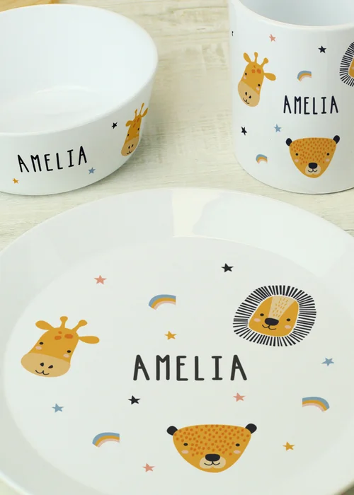 Personalised Memento Company Safari Animals Plastic White Childrens Breakfast Set - One Size Image 3