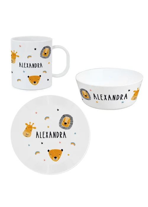 Personalised Memento Company Safari Animals Plastic White Childrens Breakfast Set - One Size Image 2