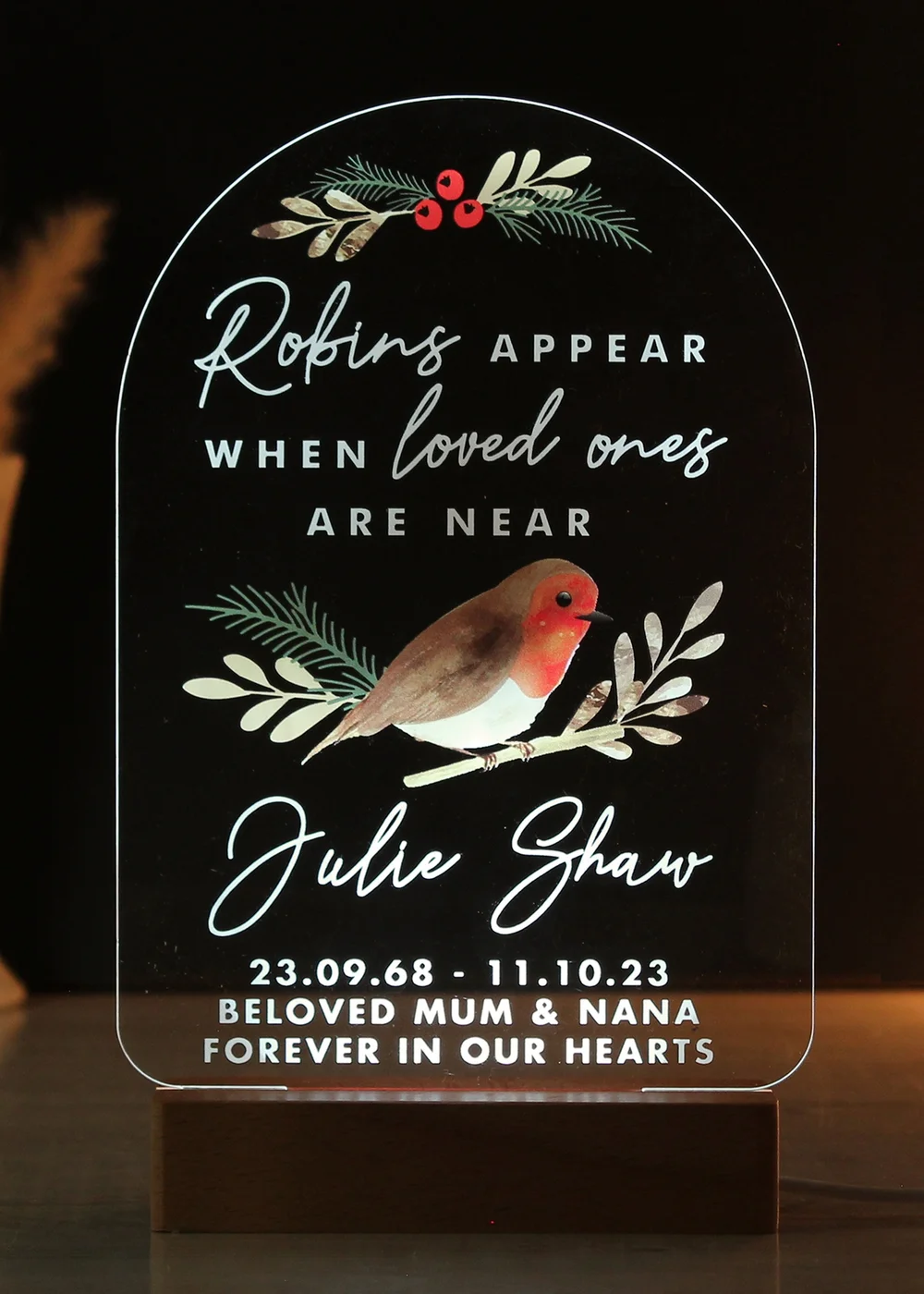 Personalised Memento Company Robins Appear Brown Wooden Based LED Light - One Size Image 3