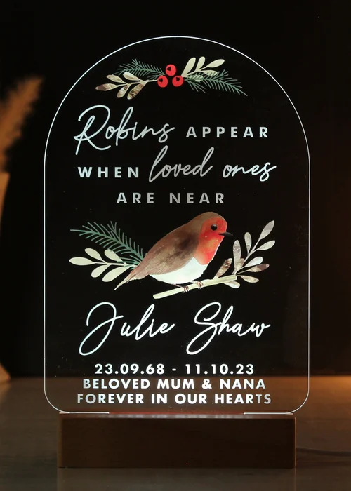 Personalised Memento Company Robins Appear Brown Wooden Based LED Light - One Size Image 3