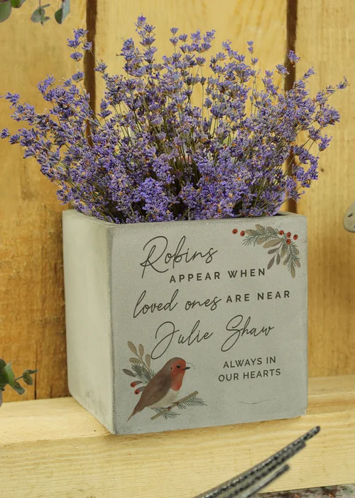 Personalised Memento Company Robin Memorial Grey Concrete Plant Pot - One Size Image 1