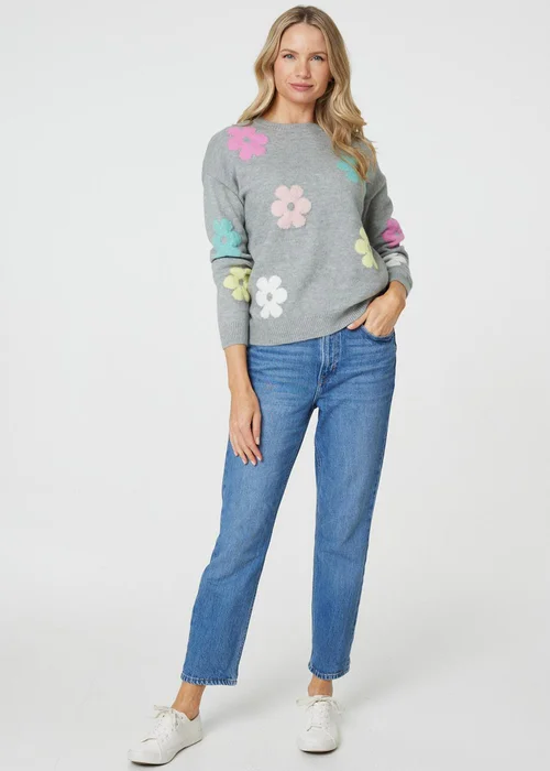 Izabel London Grey Floral Long Sleeve Knit Pullover - Size 8 Image 1