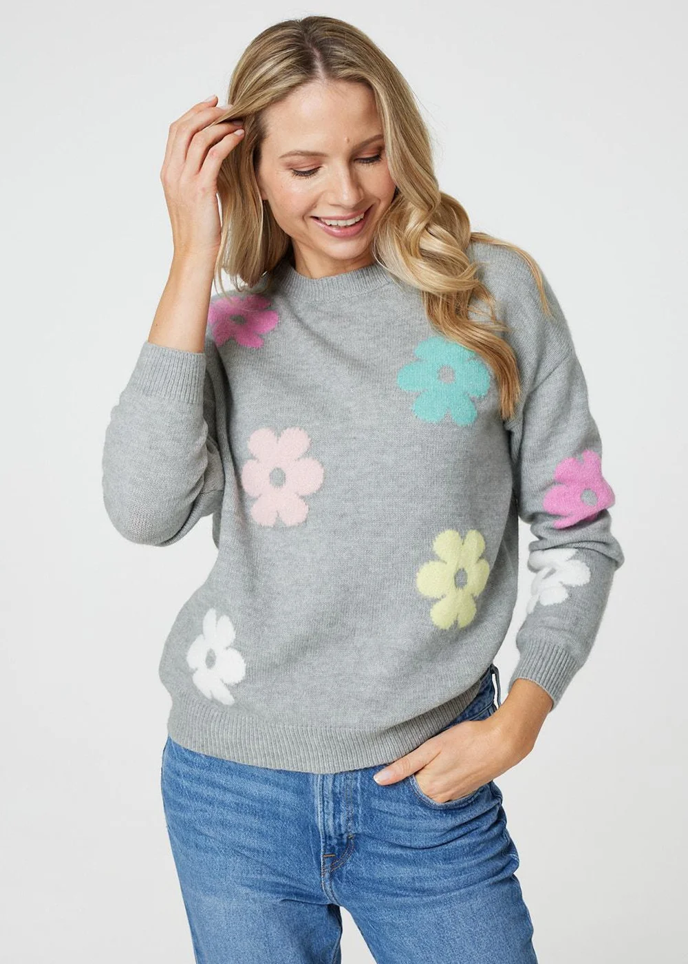 Izabel London Grey Floral Long Sleeve Knit Pullover - Size 8 Image 4
