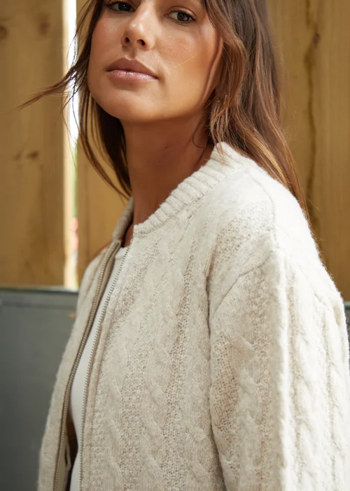 Threadbare Beige Ash Zip-Up Cable Knit Bomber Jacket - 8 Image 5