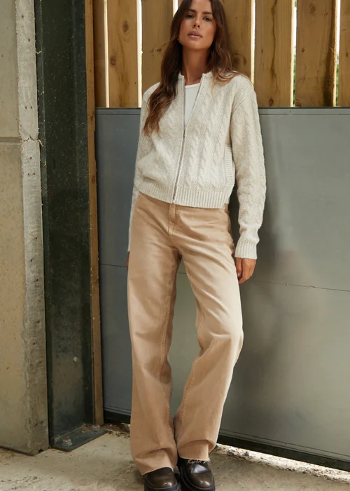 Threadbare Beige Ash Zip-Up Cable Knit Bomber Jacket - 8 Image 4