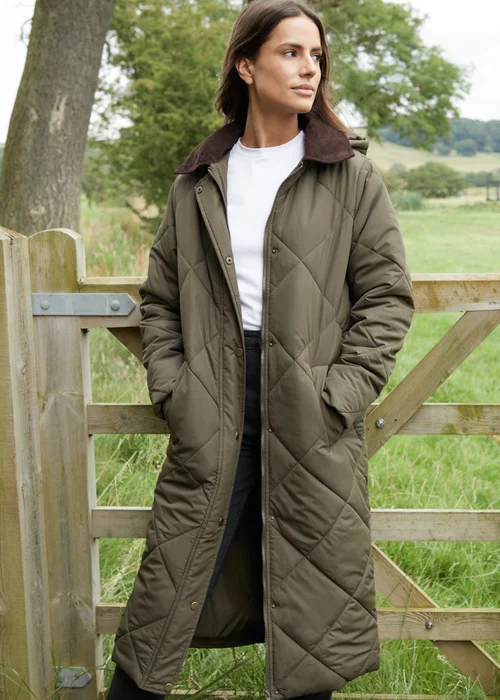 Threadbare Khaki Fir Diamond Quilted Longline Barn Jacket with Removable Hood - 8 Image 1