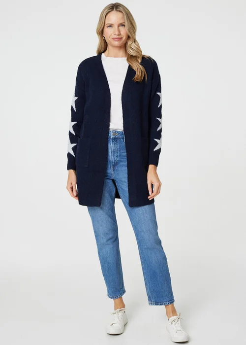 Izabel London Blue Star Print Longline Knit Open Cardigan - S/M Image 1