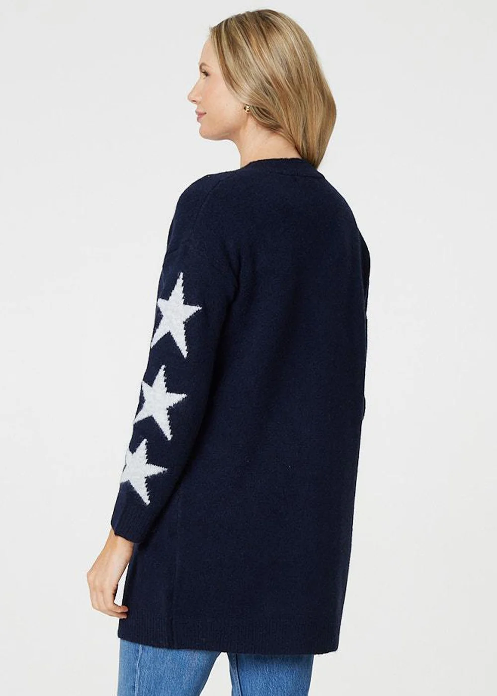 Izabel London Blue Star Print Longline Knit Open Cardigan - S/M Image 2