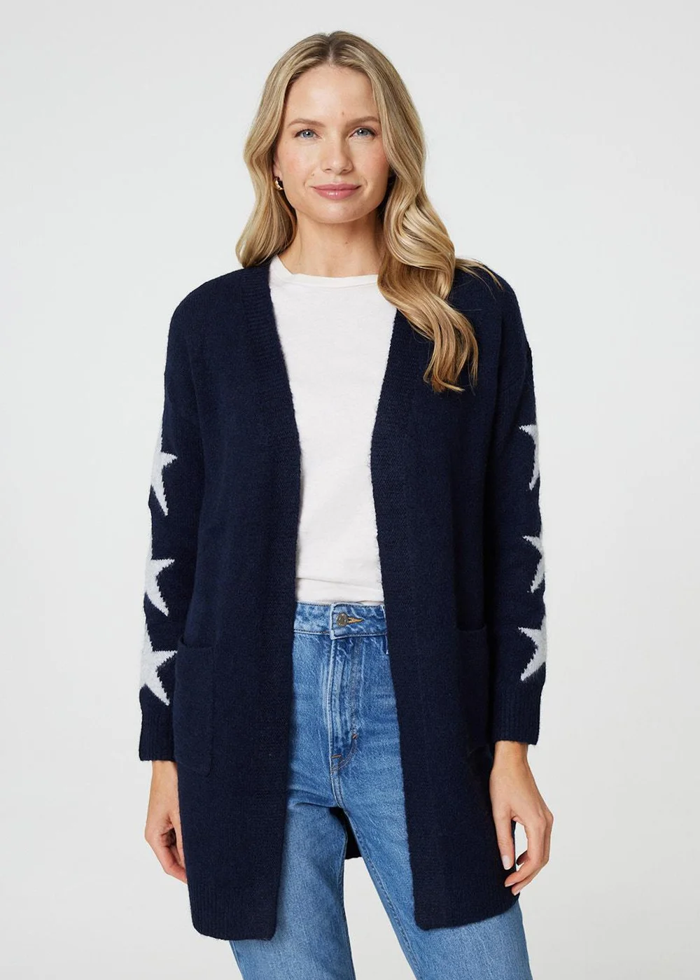 Izabel London Blue Star Print Longline Knit Open Cardigan - S/M Image 4