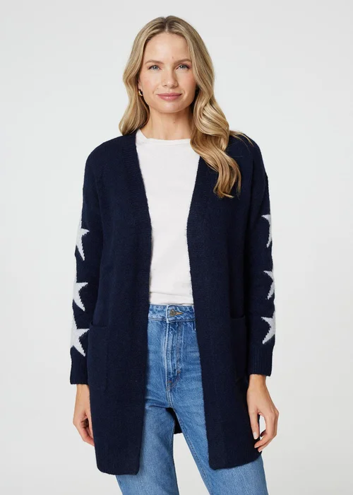 Izabel London Blue Star Print Longline Knit Open Cardigan - S/M Image 4