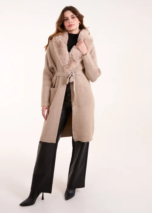 Blue Vanilla Beige Faux Fur Collar Two Pocket Cardigan - Small/Medium Image 4